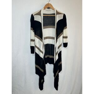 Autumn Cashmere Striped Open Front Cardigan Black White Tan Draped Hem Womens